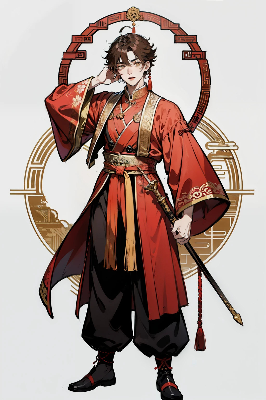 ((best quality)), ((masterpiece)), (detailed), perfect face，19-year-old Chinese ancient style boy，Height 1cm，Fluffy brown hair，golden eyes，M-shaped bangs，A short, medium-length braid tied behind the head，Lightweight ancient warrior costume，Holding a Chinese spear tied with a red rope，stand upright，vigilante