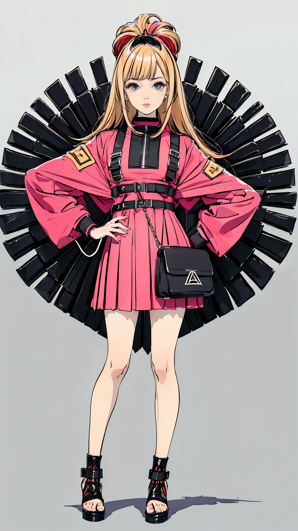 ((best quality,4k,highres,masterpiece:1.2)),((character concept art)), 1 female, age 17, Japanese. Known for her talkative and friendly demeanor, ((she embodies the Gyaru style with her dyed blond hair and tanned skin)). Her body is a head-turner, distracting every man around her. Despite her flirty nature, she is approachable and friendly, making her popular among her classmates. She's usually seen in trendy, flamboyant outfits, reflecting her bold and outgoing personality. Notably, (((she wears an ISSEY MIYAKE Pleats Please Colorful Top for its vibrant hues and unique textures, an ISSEY MIYAKE Bao Bao Prism Crossbody Bag for its geometric, futuristic appeal, and an ISSEY MIYAKE Pleats Please Puffy Jacket for a modern, edgy twist to her appearance))). Her body language exudes confidence and charm, always drawing attention to herself. ((intricate detail)), super finely detailed hands, ultra finely detailed fingers(((ten fingers))), (standing confidently), (full body showcase), (show full body), (no logos on background), (no logo), ((plain background)), ((plain background)), (((empty background))).