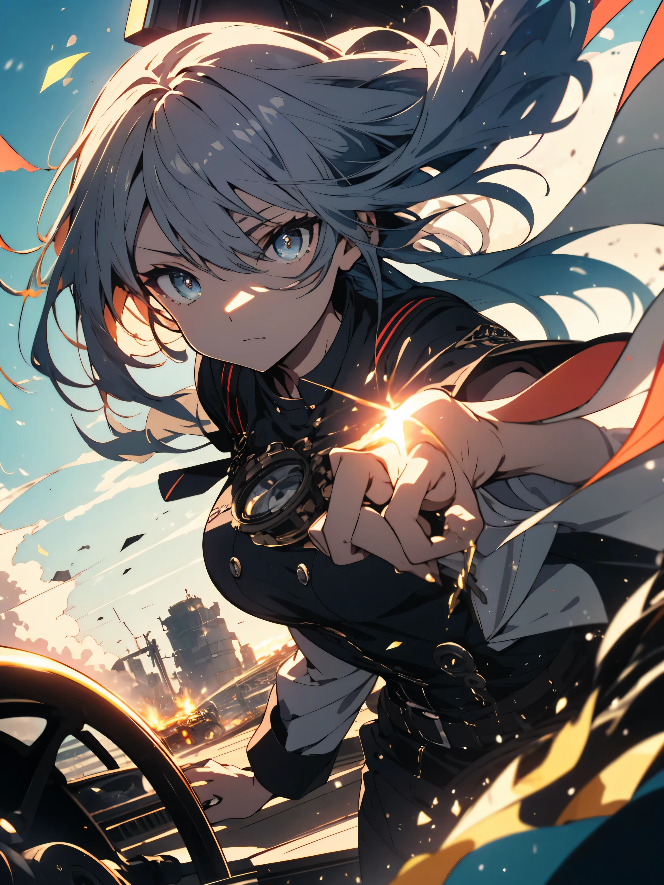 (highest quality、masterpiece、High resolution、become familiar with),  (shining eyes、detailed beautiful face)、anime style, super fine illustration, highly detailed, dynamic angle, beautiful detailed, 8k, In a steampunk world, an open car slices through the wind. BREAK A brave woman with goggles sits at the helm, her hands gripping a steam and gear-powered steering device, as if speeding into the future. BREAK Surrounded by the sounds of steam and machinery, she drives the car with utmost confidence、(beautiful anime)