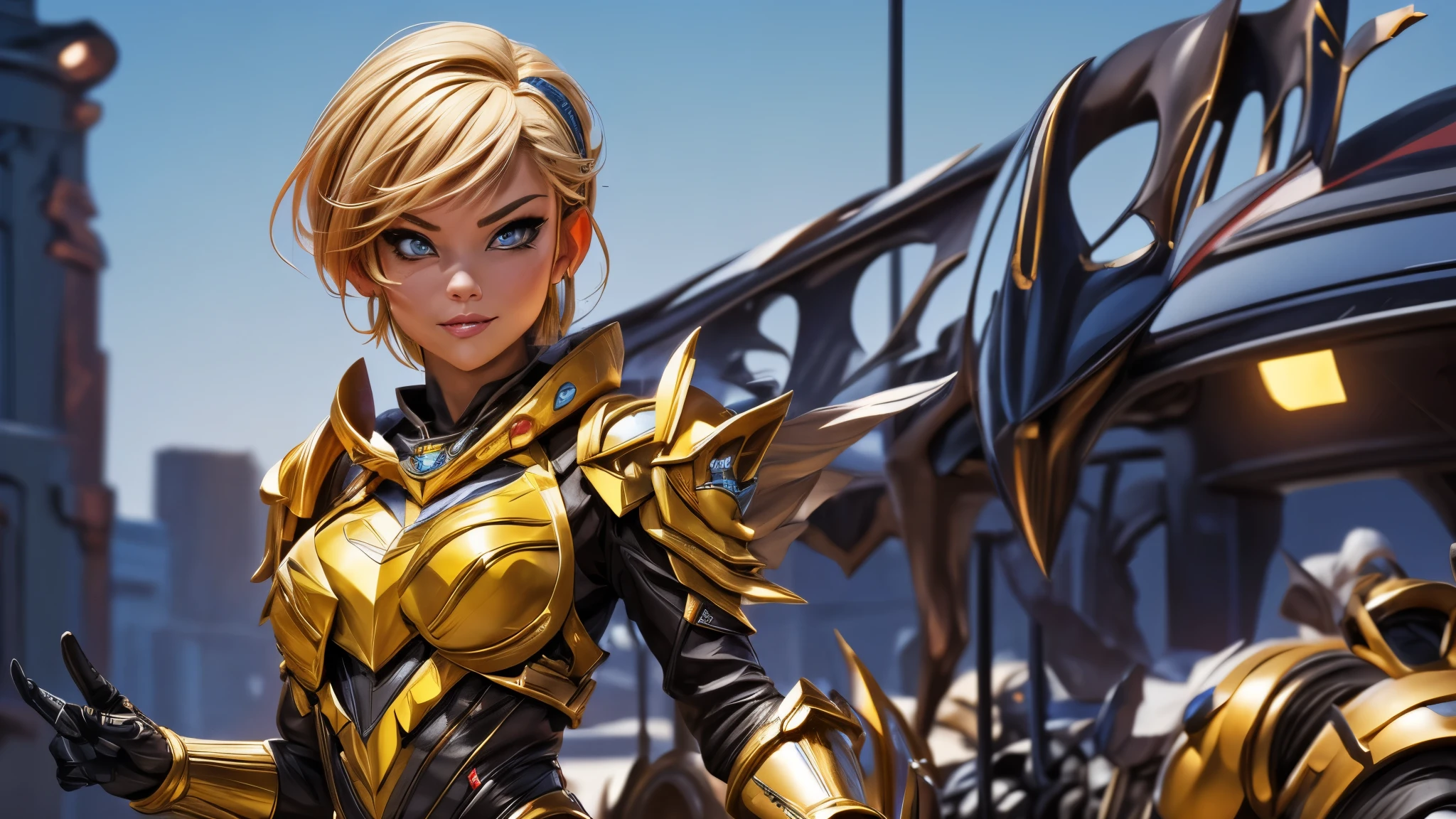 (best quality,4k,8k,highres,masterpiece:1.2),ultra-detailed, Alien Princess, with lightning powers and stylized golden electric armor, short blond hair, Female Commander Invading a city with her Ranger troops behind her, strutting her stuff, Smiling and laughing, Flirting with the viewer, HDR, 8k, absurdres, cinestill 800, sharp focus, add_detail:3 (solo woman) anime Villainess, wideshot, widescreen