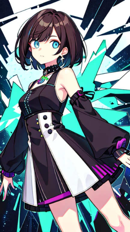 (disorganized, High resolution, super detailed), (1 girl:1.3), short hair, break , glitch art, digital distortion, pixelated fragment, Data corruption, colorful noise, visual chaos, contemporary aesthetics break , enamel art, glass-like surface, Bright colors, glossy finish, reflective texture, rich pigments, fluid forms break , ethnic style,, vivid pattern,  beaded jewelry, artisan accessories、whole body、uniform、(long narrow eyes:1.5)、brown hair