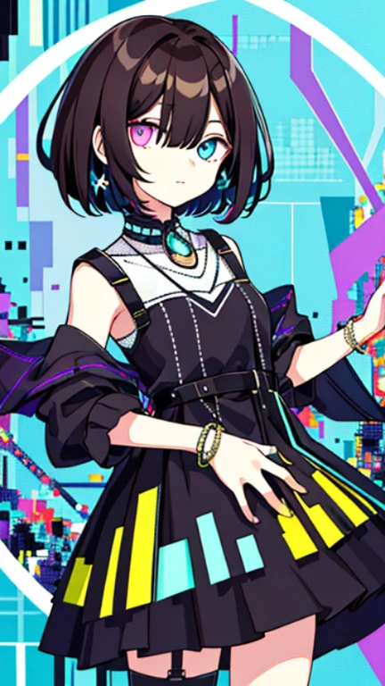 (disorganized, High resolution, super detailed), (1 girl:1.3), short hair, break , glitch art, digital distortion, pixelated fragment, Data corruption, colorful noise, visual chaos, contemporary aesthetics break , enamel art, glass-like surface, Bright colors, glossy finish, reflective texture, rich pigments, fluid forms break , ethnic style,, vivid pattern, beaded jewelry, artisan accessories、whole body、uniform、(long narrow eyes:1.5)、brown hair