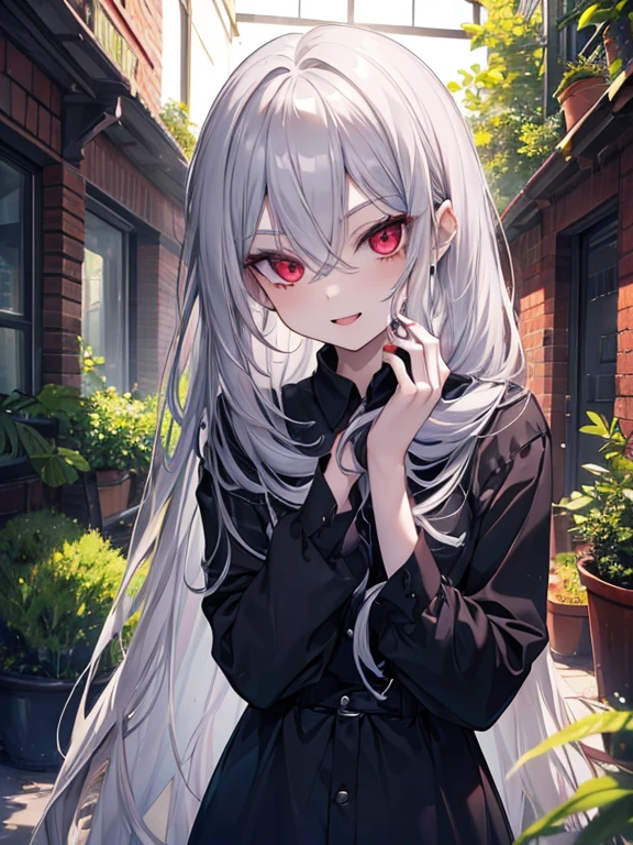 beautiful, masterpiece, best quality, 1girl, marceline abadeer, silver hair, clothed, clothing, fangs, grey body, grey skin, hair, long hair, looking at viewer, plant, solo, teeth, vampire, adventure time, a-