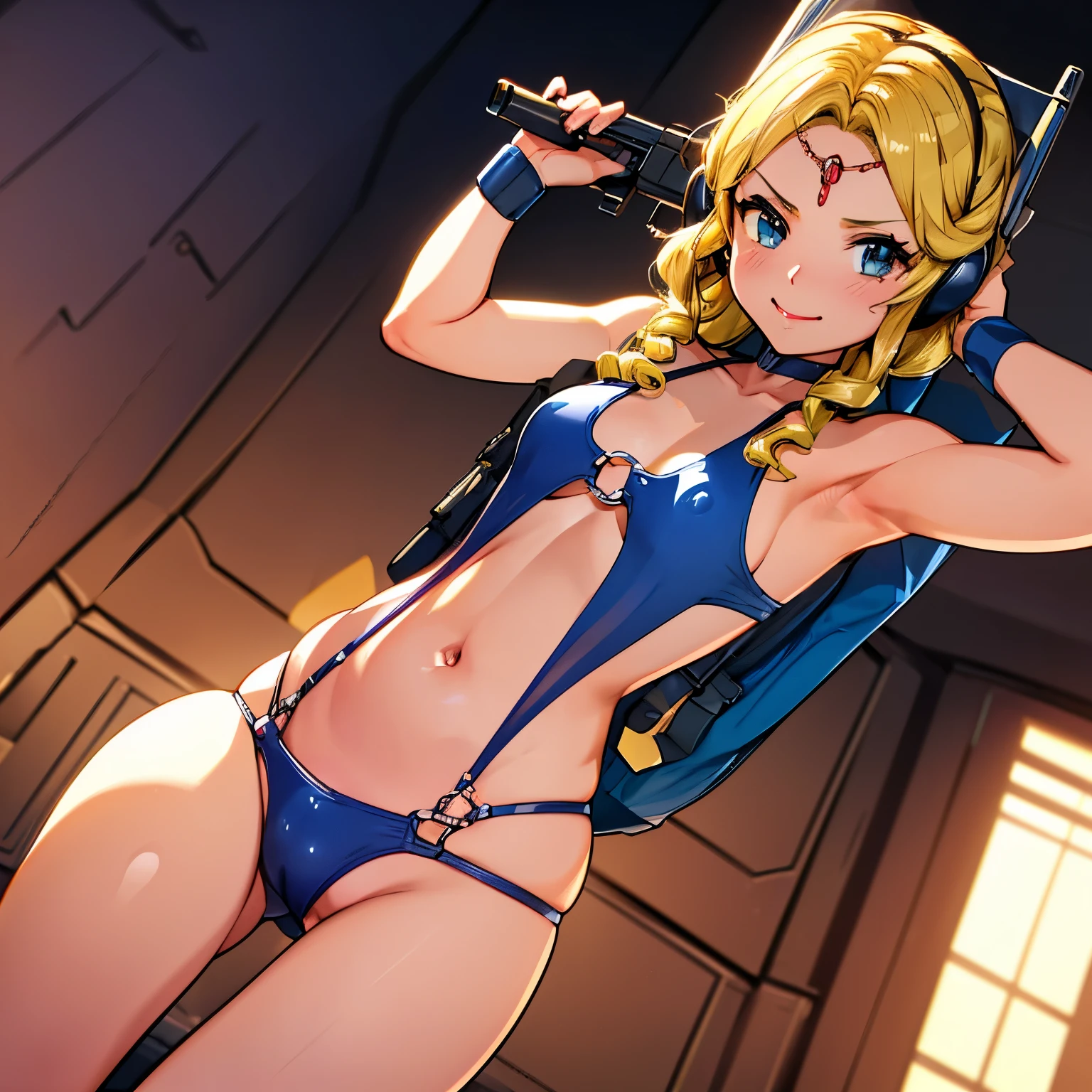 Imperial Guard Combat Uniform Swimsuit, o-ring bikini, v gundam, swimsuit, absurdres, highres, solo, cowboy shot, 1girl, neneka nibrou \(cosplay\), wristband, headphone, holster, backpack, holding gun, aiming, perfect hands, wind, small breast, (highres,best_quality,masterpiece), (1girl,solo), (Shine_h, Blonde_hair, smile) gentle