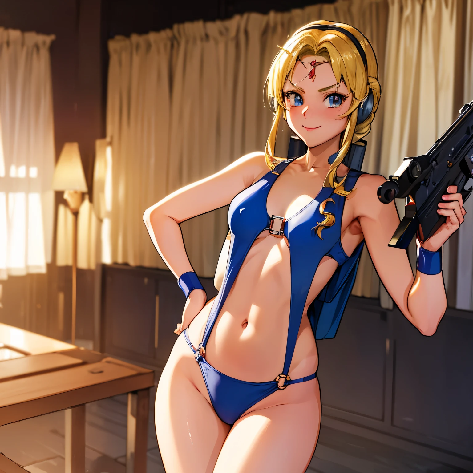 Imperial Guard Combat Uniform Swimsuit, o-ring bikini, v gundam, swimsuit, absurdres, highres, solo, cowboy shot, 1girl, neneka nibrou \(cosplay\), wristband, headphone, holster, backpack, holding gun, aiming, perfect hands, wind, small breast, (highres,best_quality,masterpiece), (1girl,solo), (Shine_h, Blonde_hair, smile) gentle