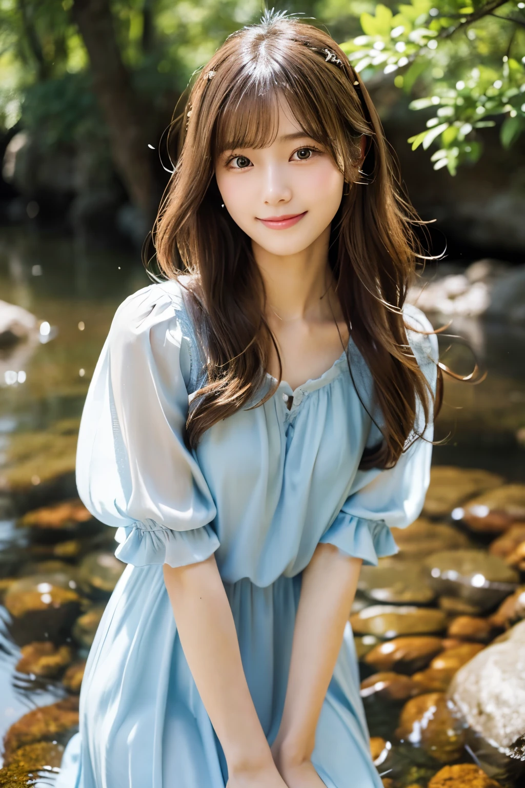 highest quality、Super detailed,、finely、High resolution、beautiful eyeedium long hair、hair fluttering in the wind、brunette hair、Standing in the creek、19 year old beauty、Photographed from the knees up、cute smile、face light、Sheer pastel blue camisole、eight-headed body、beautiful woman、gravure、sexy pose、beautiful skin、japanese woman