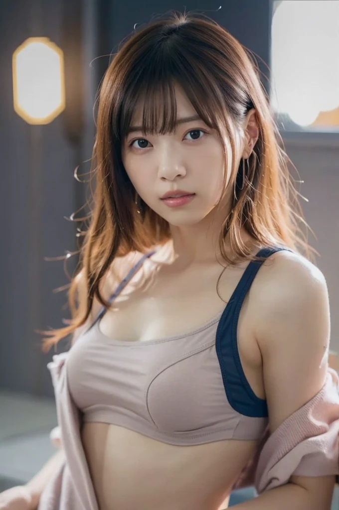 sleeveless with exposed shoulders、1 Japanese female, 、Upper body exposed、(highest quality、High resolution、masterpiece : 1.3)、amazingly beautiful big breasts、sexy and sexy eyes、Very dense makeup、(Photoreal: 1.4)、(ハイパーrealistic: 1.4)、(realistic: 1.3)、(smooth writing feel: 1.05)、(Improved cinematic lighting quality: 0.9)、32k、1 girl、20 year old girl、realistic lighting、Backlight、face light、ray tracing、(bright light: 1.2)、(quality improvement: 1.4)、(quality improvement: 1.4)、(Realistic skin texture: 1.4)、細かいfine eyes、detailed face、fine eyes、(tired、sleepy、satisfaction: 0.0)、navy blue tennis wear: 1.3、(Improving the atmosphere of the body line: 1.1)、(Improving the beauty of skin texture: 1.1)、japanese idol、Nogizaka Idol、idol sculpture、actress、fashion model pose、amazing big tits、transparent clothes、