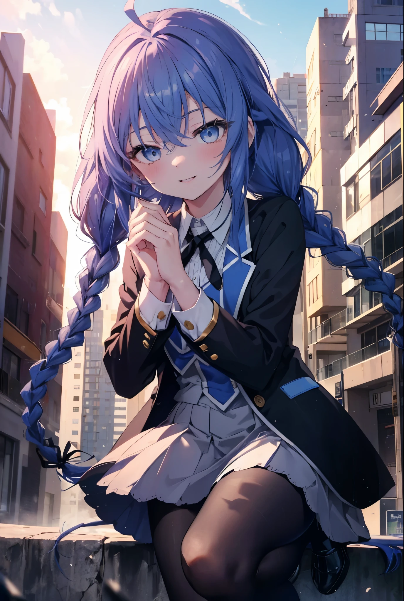(masterpiece,intricate details),1 girl,mature woman,light _face, BREAK Roxymigurdia, Roxy, Ahoge, black ribbon, blue eyes, blue hair, Braid, hair between eyes, hair ribbon, long hair, twin Braids, very long hair,happy smile, smile, open your mouth, Destroy White Y-Shirt,Blue Blazer,Blue pleated skirt,Gray pantyhose,White Loafers,
壊す looking at viewer,
break outdoors, In town,Destroy a city of buildings (masterpiece:1.2), highest quality, High resolution, unity 8k wallpaper, (figure:0.8), (detailed and beautiful eyes:1.6), 非常に詳細なface, perfect lighting, Very detailed CG, (perfect hands, perfect anatomy),