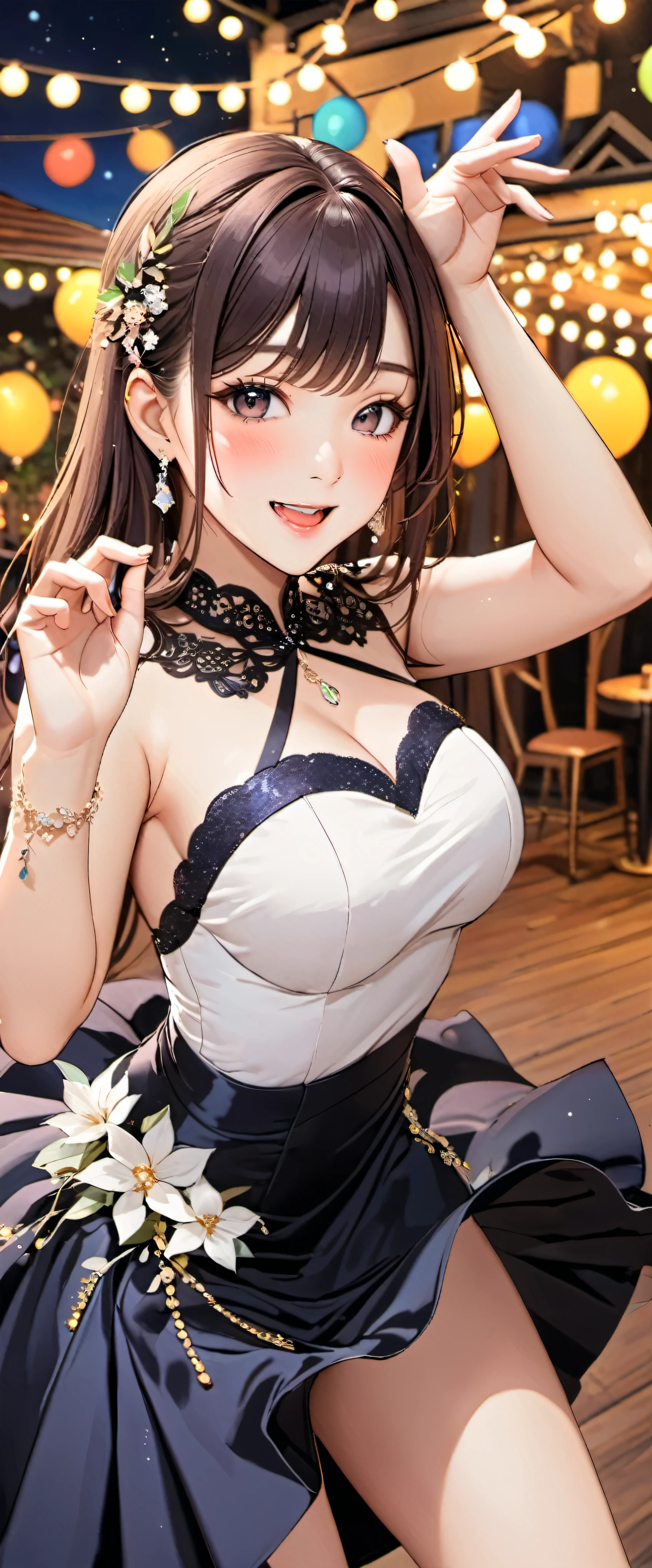 woman,20-year-old,,party venue,night,(((sexy dress with decorations))),,open mouth smile((Pose with movement)),blush、,((lift up skirt)),((