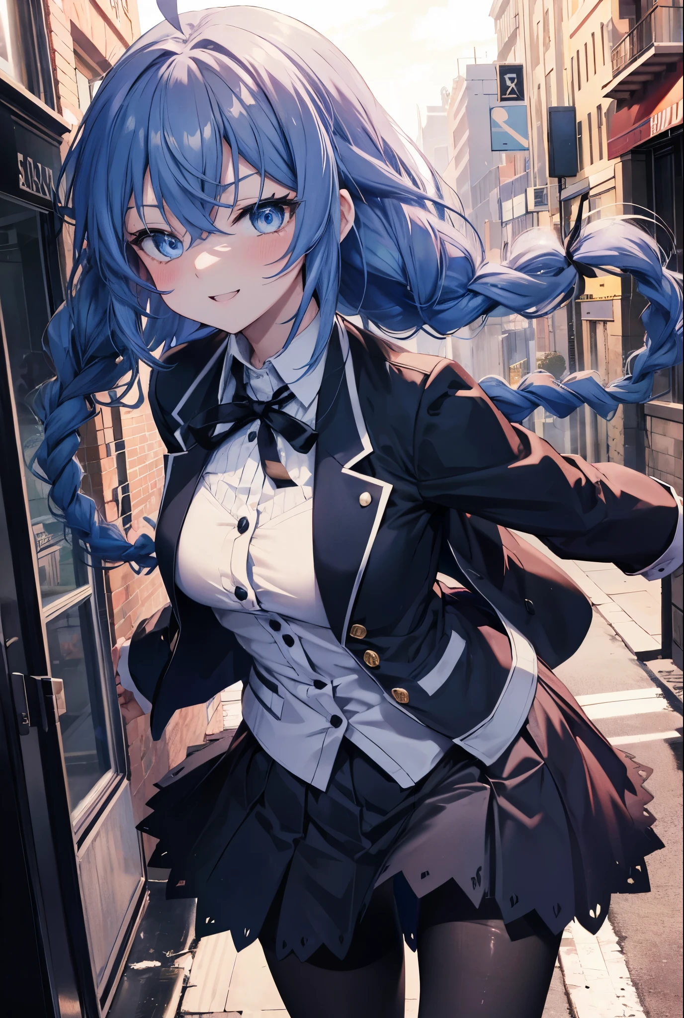 (masterpiece,intricate details),1 girl,mature woman,light _face, BREAK Roxymigurdia, Roxy, Ahoge, black ribbon, blue eyes, blue hair, Braid, hair between eyes, hair ribbon, long hair, twin Braids, very long hair,happy smile, smile, open your mouth, Destroy White Y-Shirt,Blue Blazer,Blue pleated skirt,Gray pantyhose,White Loafers,
壊す looking at viewer,
break outdoors, In town,Destroy a city of buildings (masterpiece:1.2), highest quality, High resolution, unity 8k wallpaper, (figure:0.8), (detailed and beautiful eyes:1.6), 非常に詳細なface, perfect lighting, Very detailed CG, (perfect hands, perfect anatomy),