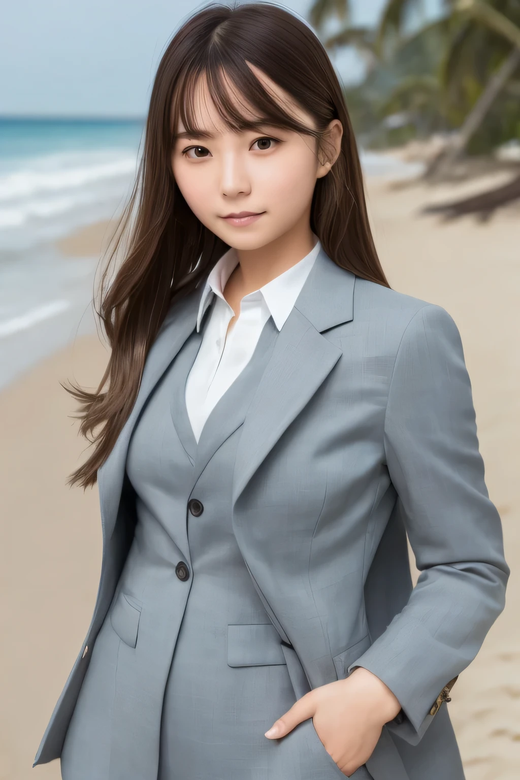 1 girl, beautiful, cute, professional lighting, highest quality,well-groomed face,(suit:1.7),long hair, clear, beautiful,beach