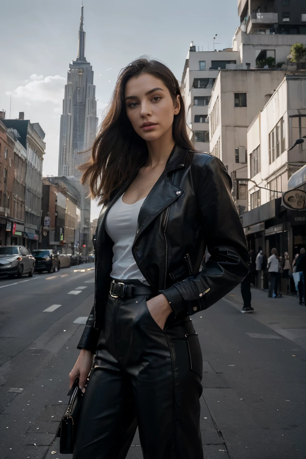 Foto hiperrealista en primer plano de Jennifer Lopez, masterpiece, best quality, (black biker jacket over black crop top:1.1), (black leather mini skirt:1.2) night street after rain, neons, cinematic light, beautiful woman, skinny, large breasts, black long hair, detailed face, smile, facing the camera, photo taken from a distance, age of 40 years old.