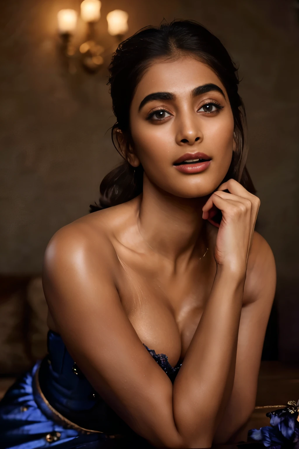 close-up portrait, (portrait photo), ((best quality)), masterpiece, 8k wallpaper, nikon, cinematic lighting, medium hair, ((blue iris)), (photorealistic:1.4), (pooja hegde), (as maid), (deep cleavage), (sexy thighs),