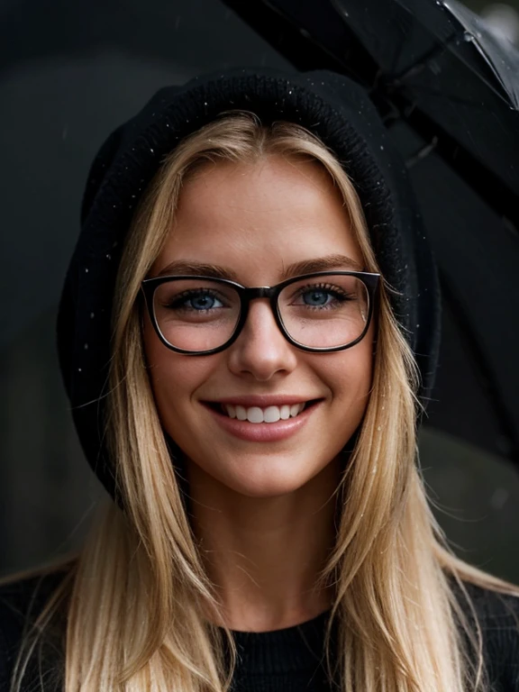 a closeup dark upper body shot photo of a blonde with perfect eyes, smile, same face, wearing glasses, raining,fog