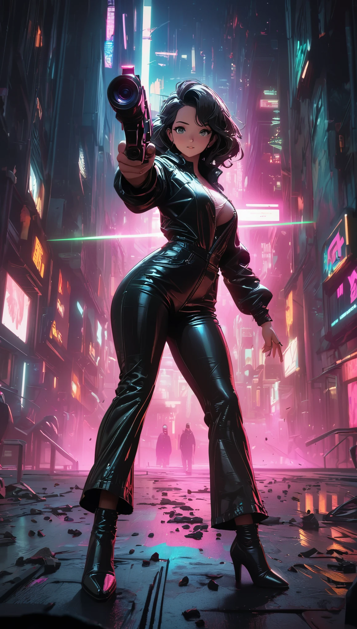 cyberpunk style，30-year-old mature and charming woman，Leather jumpsuit covers the whole body，full breasts，High-heeled leather shoes，Pointing a laser gun at me，open fire，（There are many small pieces of gravel floating in the air around me.:1.5），Beautiful，Glowing special effects，celluloid style，Flat coating，HD，CG art，comics，8K，looking into camera，high quality，illustration，Vaporwave style，rim light，movie lighting，Super detailed，complex，OC renderer，cinematic perspective，high resolution