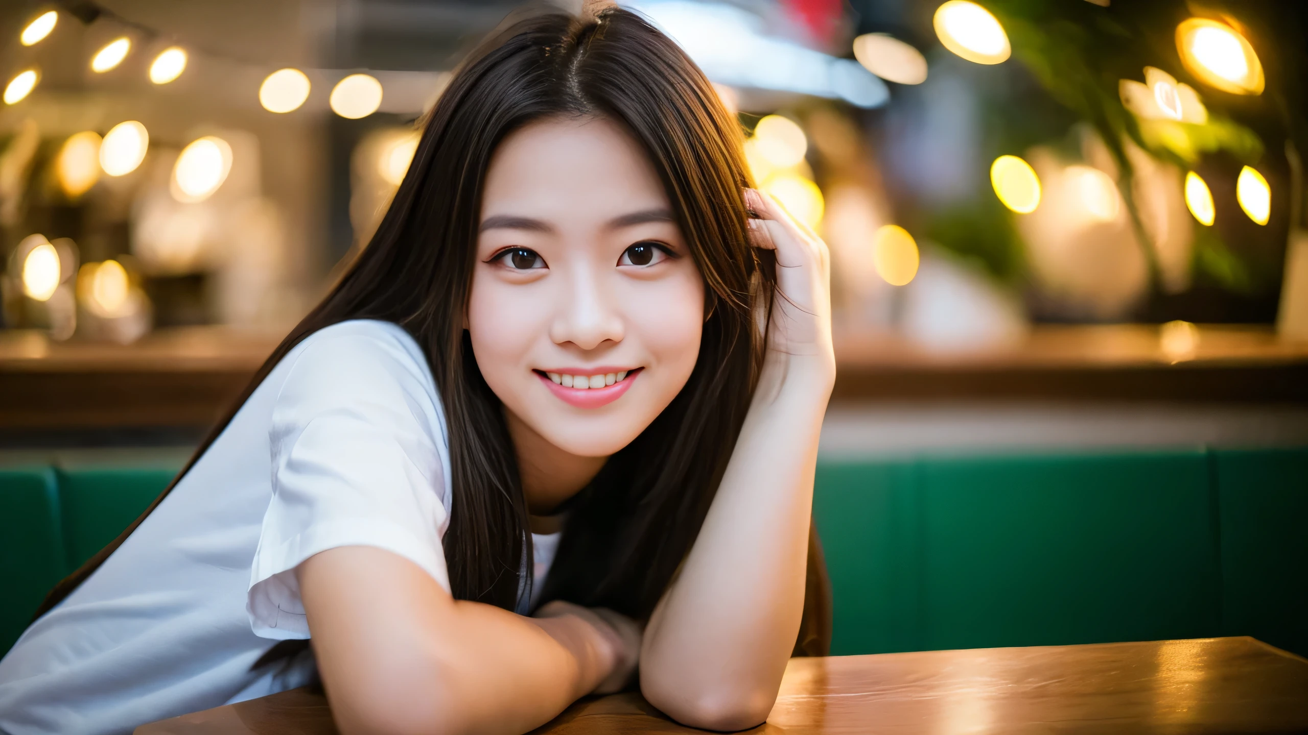 table top, highest quality, 8K, 15age student, teen, Raw photo, absurd, award-winning portraits, smile, smile, alone, night, neon, idol face, violaces, gardenia, delicate girl, whole body, Digital single-lens reflex camera, looking at the viewer, Frank, Sophisticated, Zola々right, thin arms, professional lighting, film grain, chromatic aberration, (Eye and face details:1.0), (Bokeh:1.1) The most beautiful in Japan10age she has biomechanical huge tits The diameter of the breasts is 20cm. she has long hair that reaches to her knees she has green eyes My hair is fluttering and floating