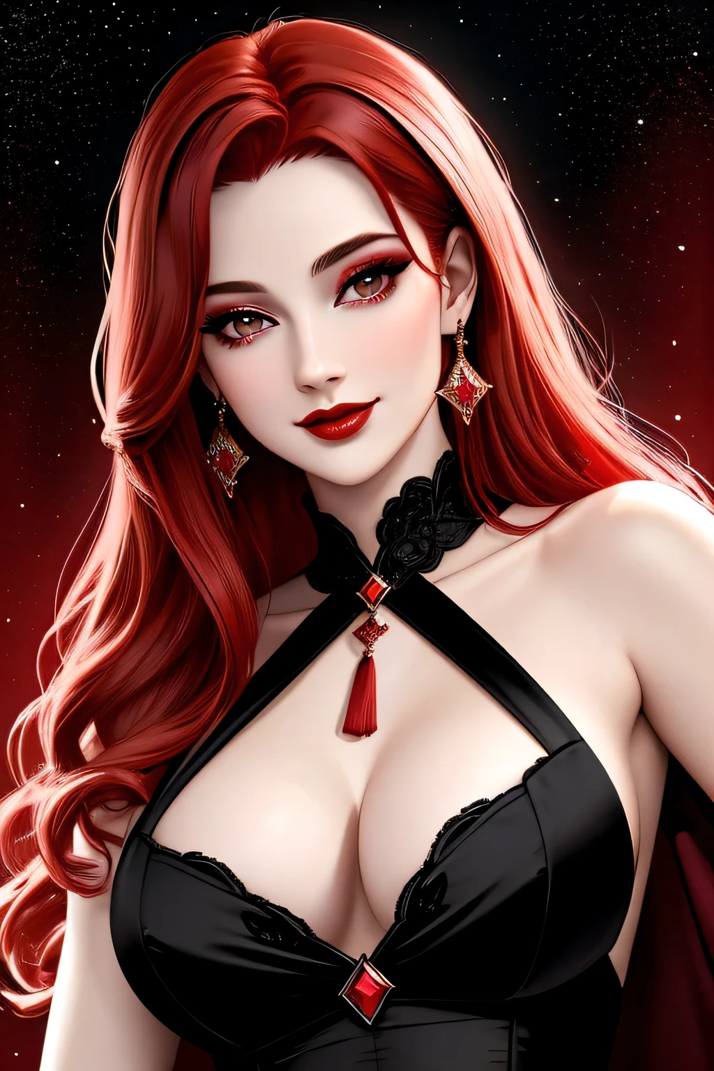 (Masterpiece, Best Quality:1.3), absurdres, (8k resolution), illustration, ((outline, thick lineart)), (faux traditional media:1.3), looking at viewer,(masterpiece,best quality),HDR,high-definition,[[Intricate Details]],cinematic,photorealisticportrait shot, ((vivid red hair)), mature woman, 30 years old, diamond face, moonlight, red starry sky background, depth of field, magic, big red lips, ((dark black eyes)) black and red long and full dress, covered chest, mystical atmosphere, smile expression, posing, taut and well defined body, attractive. Highly realistic, pale skin, beautiful, hyperrealism, skin very elaborated, direct gaze
