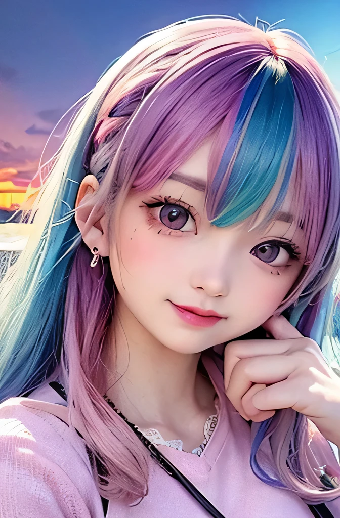 small face、 Super detailed,bright colors, very beautiful detailed anime face and eyes, look straight, shiny_skin,girl, (((rainbow colored hair, colorful hair, Half blue、half pink hair: 1.2))), 、shiny hair, delicate beautiful face, blush、Glasses、(turquoise eyes), Valletta, earrings,seaside、Forest、flower garden、sunset、(Stylish lace mini skirt、purple shirt)、(twin tails)、smile、happy face、face dyed red、cheerful pose、dynamic、Full body portrait from head to toe、(I can see the whole body)