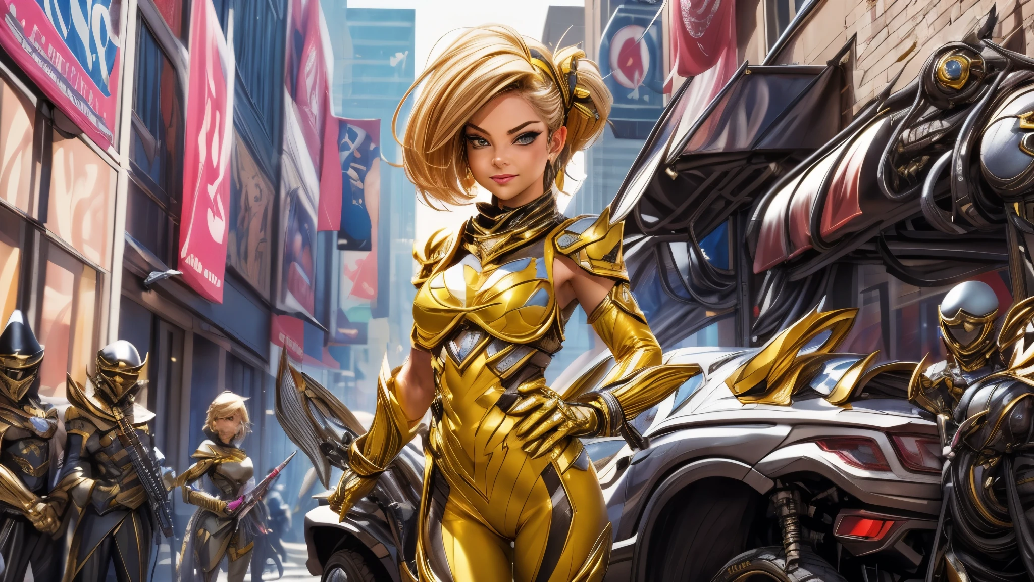 (best quality,4k,8k,highres,masterpiece:1.2),ultra-detailed, Alien Princess, with lightning powers and stylized golden electric armor, short blond hair, Female Commander Invading a city with her Ranger troops behind her, strutting her stuff, Smiling and laughing, Flirting with the viewer, HDR, 8k, absurdres, cinestill 800, sharp focus, add_detail:3 (solo woman) anime Villainess, wideshot, widescreen, focus on subject