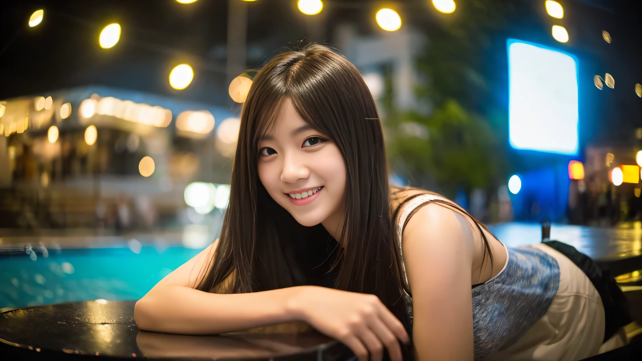 table top, highest quality, 8K, 15age student, , Raw photo, absurd, award-winning portraits, smile, smile, alone, night, neon, idol face, violaces, gardenia, delicate girl, whole body, Digital single-lens reflex camera, looking at the viewer, Frank, Sophisticated, Zola々right, thin arms, professional lighting, film grain, chromatic aberration, (Eye and face details:1.0), (Bokeh:1.1)　The most beautiful in Japan１０age　she has biomechanical huge tits　The diameter of the breasts is 20cm.　She has long jet black hair that reaches her knees　she has green eyes　She's smiling