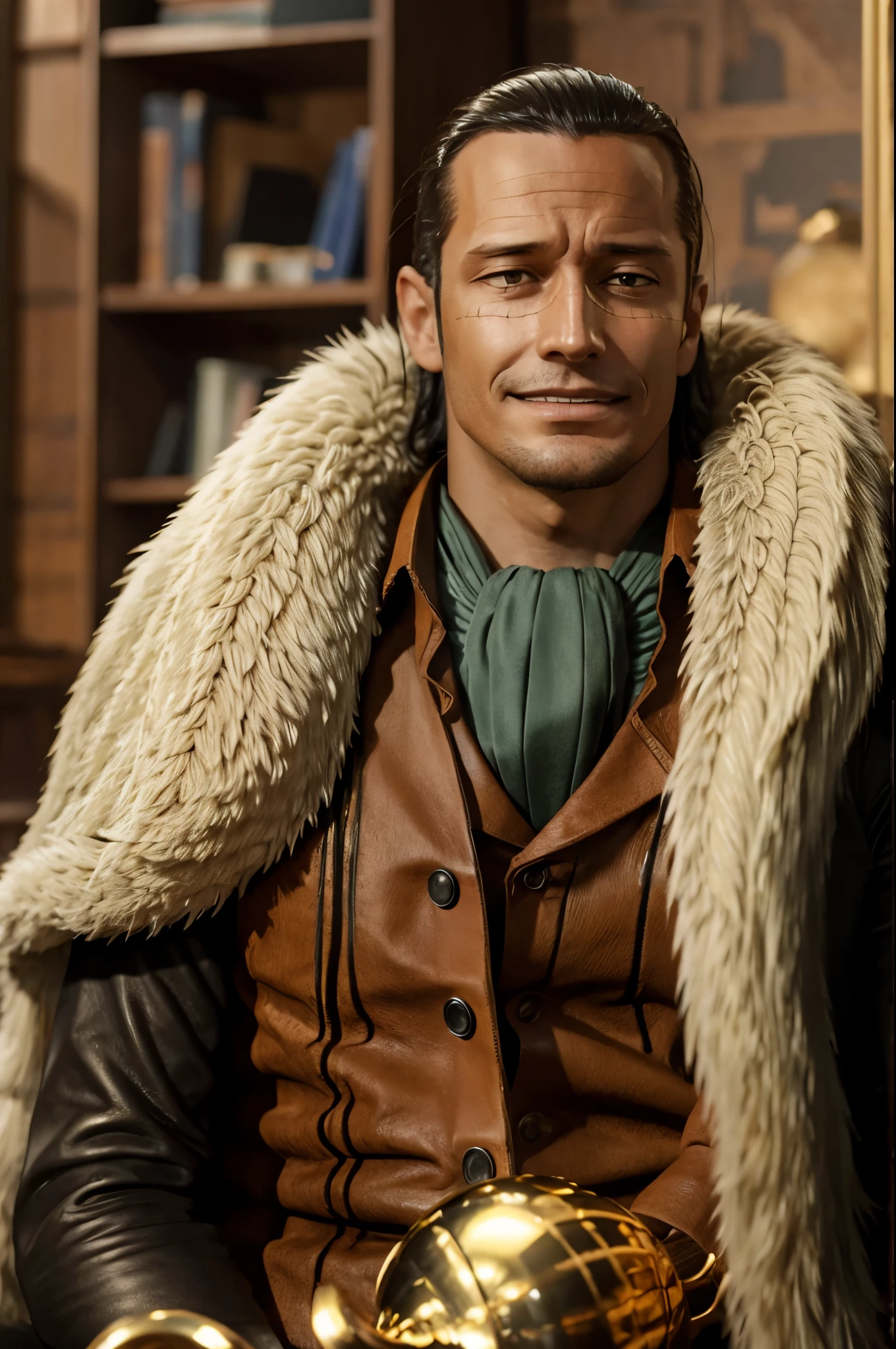 masterpiece, best quality, extremely detailed, hyperrealistic, photorealistic, a cool 40s man, ultra detailed face:1.2, fur-trimmed coat, scarf around the neck, his left hand is a golden pirate hook:1.1, cigar, in luxurious cafe, laughing, red wine grass:1.2