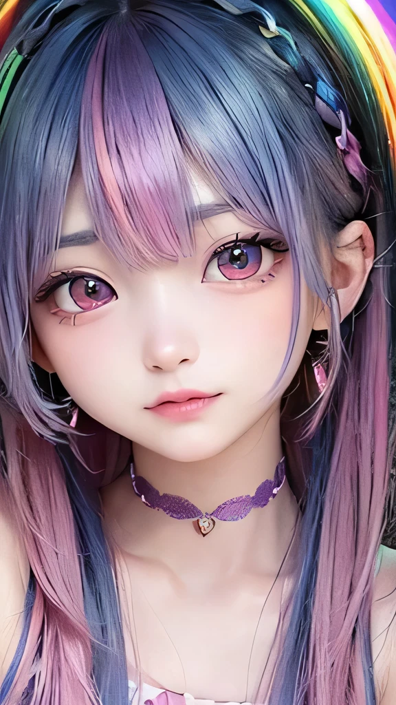 small face、 Super detailed,bright colors, very beautiful detailed anime face and eyes, look straight,  shiny_skin,girl, (((rainbow colored hair, colorful hair, Half blue、half pink hair: 1.2))), 、shiny hair, delicate beautiful face, blush、Glasses、(turquoise eyes), , Valletta, earrings,、flower garden、sunset、(Stylish lace mini skirt,Translucent shirt)、（twin tails）、smile、happy face、face dyed red、cheerful pose、dynamic、Full body portrait from head to toe、（I can see the whole body）