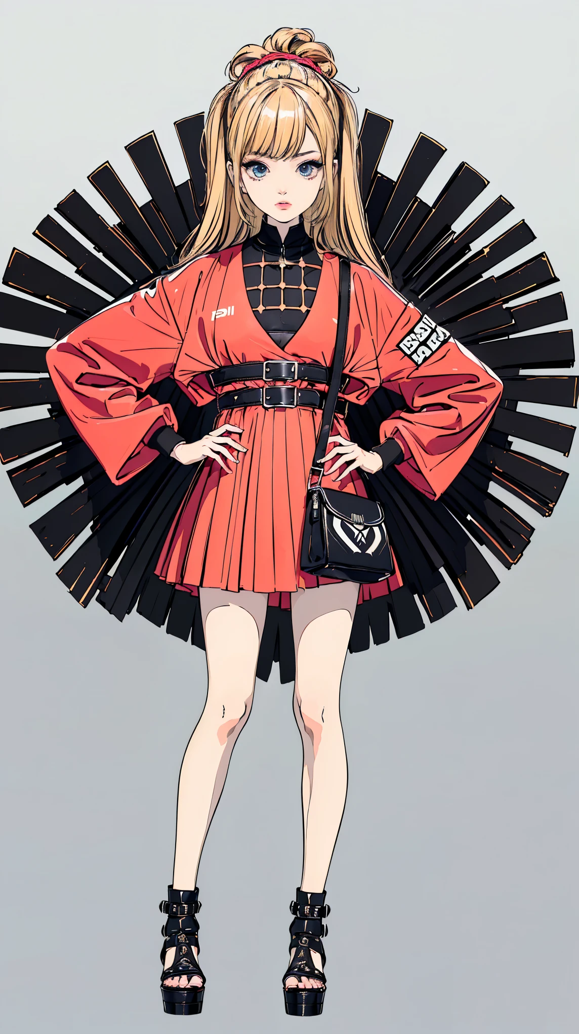 ((best quality,4k,highres,masterpiece:1.2)),((character concept art)), 1 female, age 17, Japanese. Known for her talkative and friendly demeanor, ((she embodies the Gyaru style with her dyed blond hair and tanned skin)). Her body is a head-turner, distracting every man around her. Despite her flirty nature, she is approachable and friendly, making her popular among her classmates. She's usually seen in trendy, flamboyant outfits, reflecting her bold and outgoing personality. Notably, (((she wears an ISSEY MIYAKE Pleats Please Colorful Top for its vibrant hues and unique textures, an ISSEY MIYAKE Bao Bao Prism Crossbody Bag for its geometric, futuristic appeal, and an ISSEY MIYAKE Pleats Please Puffy Jacket for a modern, edgy twist to her appearance))). Her body language exudes confidence and charm, always drawing attention to herself. ((intricate detail)), super finely detailed hands, ultra finely detailed fingers(((ten fingers))), (standing confidently), (full body showcase), (show full body), (no logos on background), (no logo), ((plain background)), ((plain background)), (((empty background))).