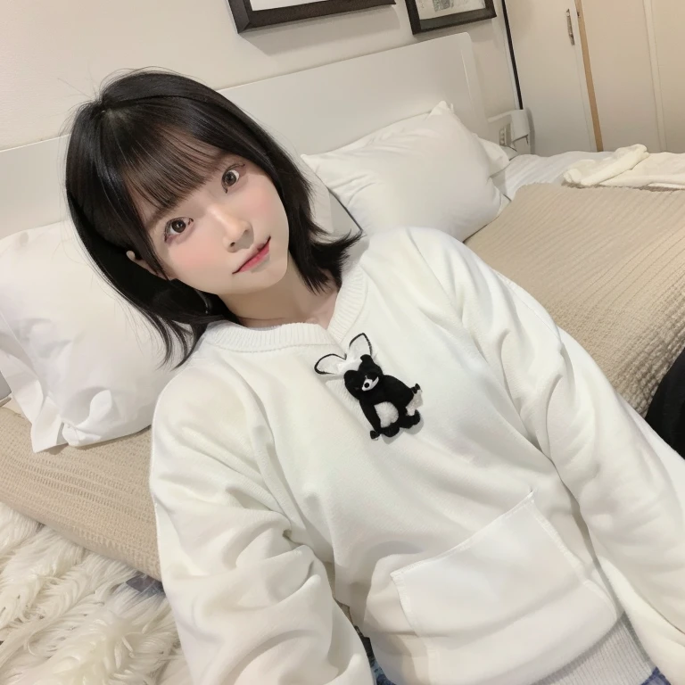 quality, 超realistic, (realistic:1.3)、最高quality、超A high resolution、Single-lens reflex camera、Instagram、very delicate、look at the audience、Japan 1 female(black haired、short hair、black eye、、Huge 、adorable)、white knitwear、black shorts、sleeping face up on the bed