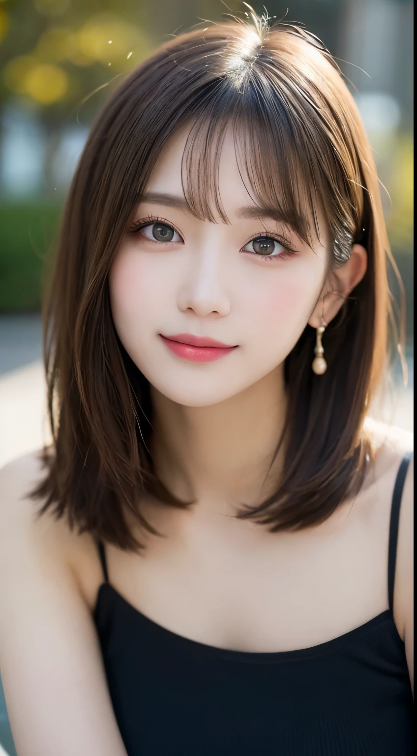 table top, highest quality, shape, Super detailed, finely, High resolution, 8k wallpaper, 完璧なダイナミックな構shape, beautiful and detailed eyes, Nice spring clothes,beautiful straight hair,small breasts,natural color lip, 20 year old girl、cute、look at the camera,Always blur the background,perfect and beautiful face,Beautiful and dense face、slim face and style,Big eyes、Do gal makeup,real photos(best image quality)、woman'face、fashion model pose、Step away from the camera and take a full body photo、smile、off shoulder