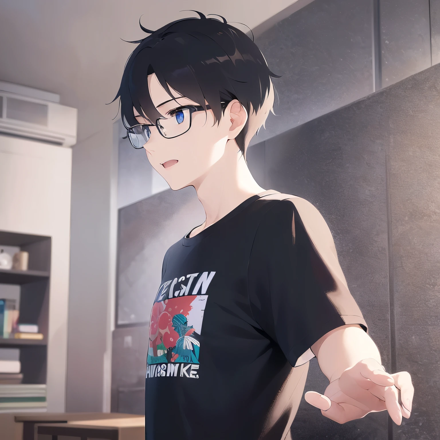 Biologically correct five fingers、(waving hand:1.3), (looking away:2), side angle, Upper body is shown、 (plastic frame eyewear:1.1)、masterpiece、highest quality、(25 year old male:1.5) and (black short hair) and (hair over eyes:1.5) and (blue eyes), plain black t-shirt、Are standing、smile、open mouth, The background is the living room、(Alone:1.5)