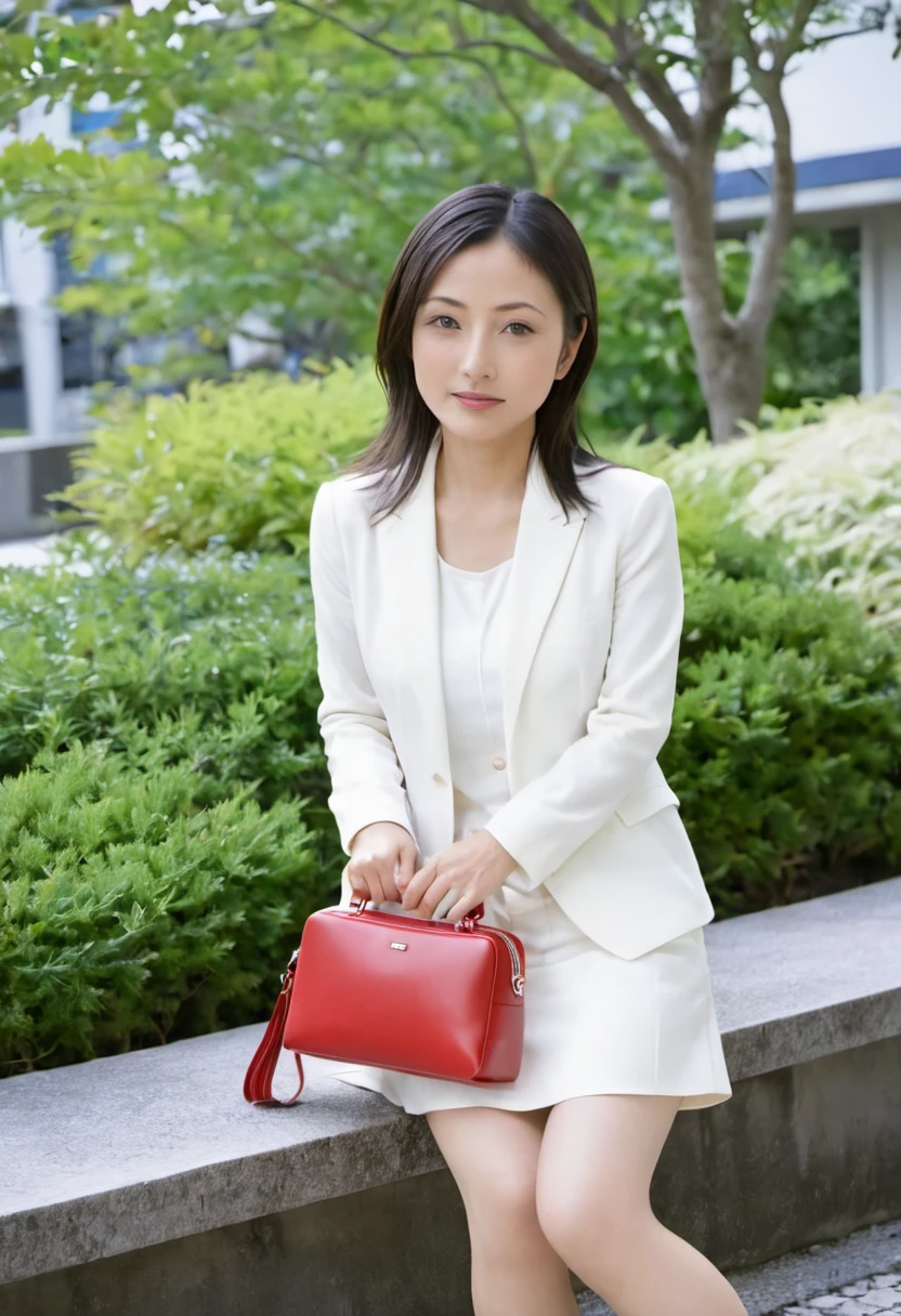 A woman in her fifties sitting on a bench holding a red handbag and a red purse, Ayaka, like々cool japanese girl, like々beautiful Japanese beauty, Chiho, Ayami, takada akemi, harumi, aoshima Chiho, Aya Takano color style, Aya Takano, Ayami koj ima, tsugumi ohba