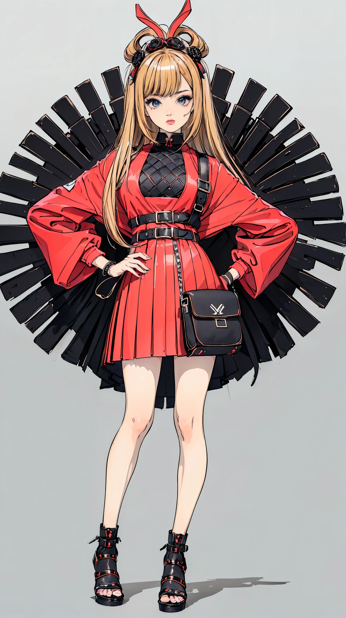 ((best quality,4k,highres,masterpiece:1.2)),((character concept art)), 1 female, age 17, Japanese. Known for her talkative and friendly demeanor, ((she embodies the Gyaru style with her dyed blond hair and tanned skin)). Her body is a head-turner, distracting every man around her. Despite her flirty nature, she is approachable and friendly, making her popular among her classmates. She's usually seen in trendy, flamboyant outfits, reflecting her bold and outgoing personality. Notably, (((she wears an ISSEY MIYAKE Pleats Please Colorful Top for its vibrant hues and unique textures, an ISSEY MIYAKE Bao Bao Prism Crossbody Bag for its geometric, futuristic appeal, and an ISSEY MIYAKE Pleats Please Puffy Jacket for a modern, edgy twist to her appearance))). Her body language exudes confidence and charm, always drawing attention to herself. ((intricate detail)), super finely detailed hands, ultra finely detailed fingers(((ten fingers))), (standing confidently), (full body showcase), (show full body), (no logos on background), (no logo), ((plain background)), ((plain background)), (((empty background))).