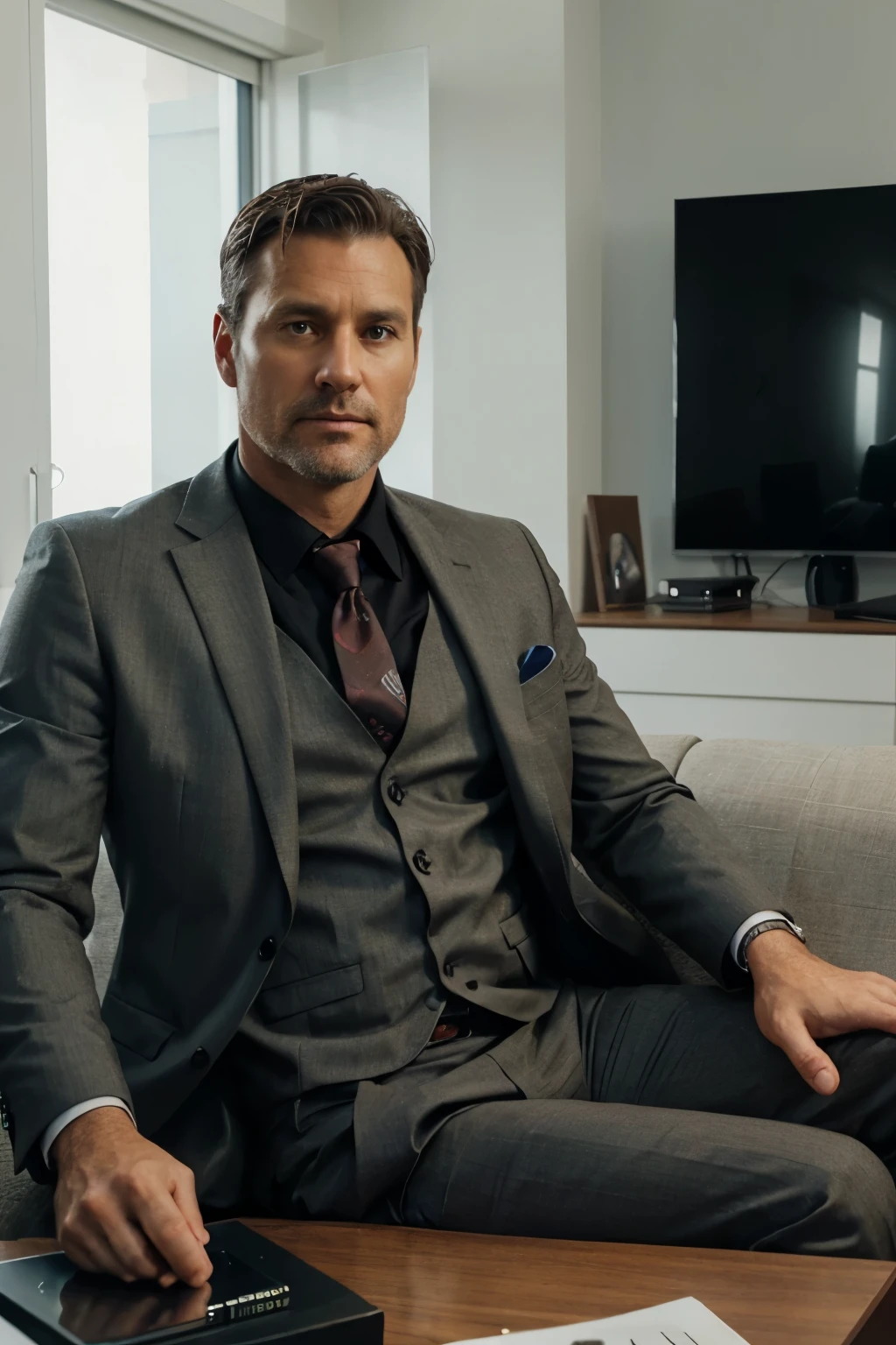 Photo-realistic of 40 years old American man in the modern living room, wearing suit, looking camera, 4K