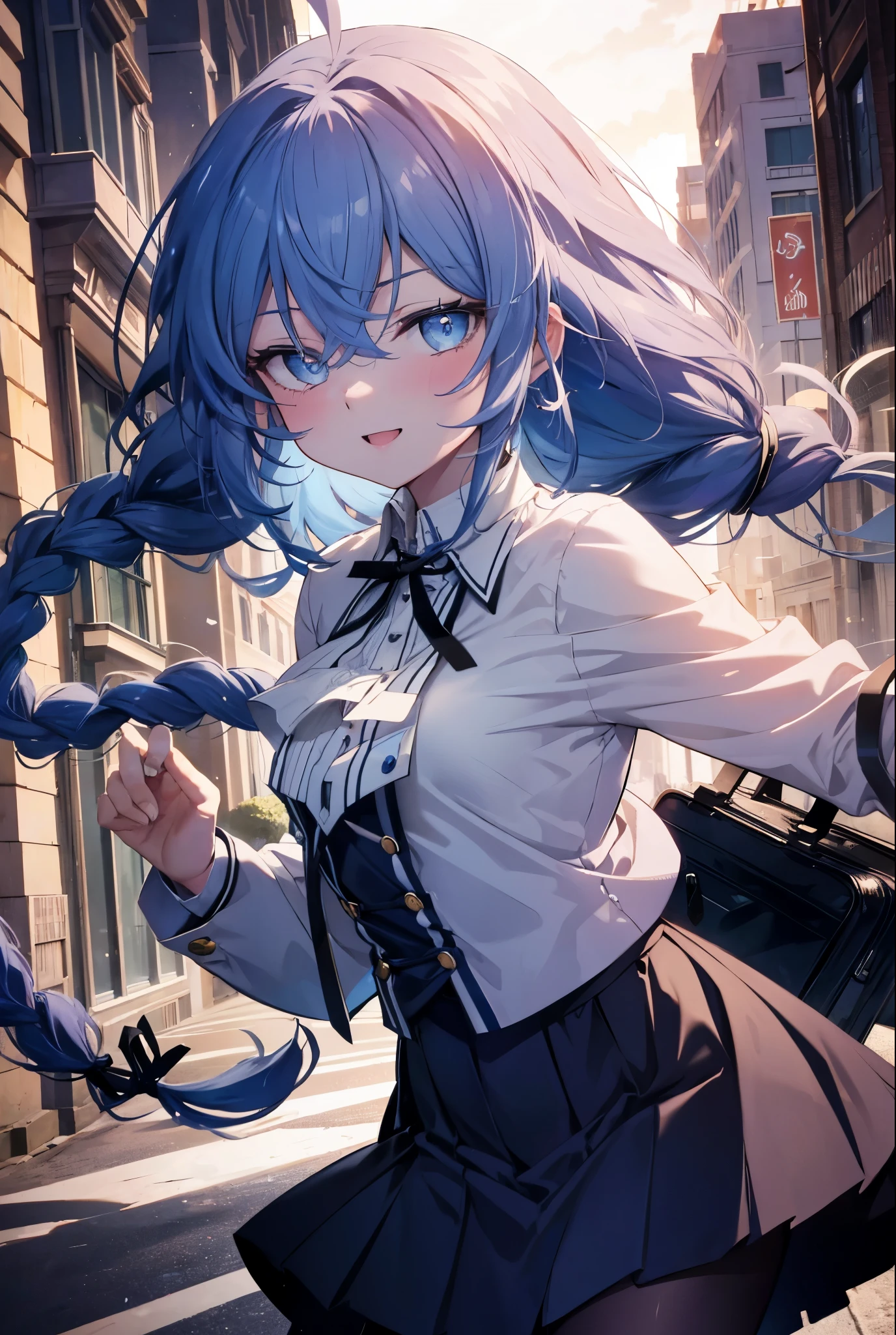 (masterpiece,intricate details),1 girl,mature woman,light _face, BREAK Roxymigurdia, Roxy, Ahoge, black ribbon, blue eyes, blue hair, Braid, hair between eyes, hair ribbon, long hair, twin Braids, very long hair,happy smile, smile, open your mouth, Destroy White Y-Shirt,Blue Blazer,Blue pleated skirt,Gray pantyhose,White Loafers,
壊す looking at viewer,
break outdoors, In town,Destroy a city of buildings (masterpiece:1.2), highest quality, High resolution, unity 8k wallpaper, (figure:0.8), (detailed and beautiful eyes:1.6), 非常に詳細なface, perfect lighting, Very detailed CG, (perfect hands, perfect anatomy),