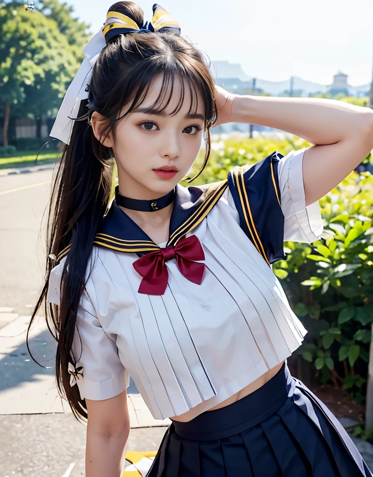 (((very heavy chest))),NSFW, 16k raw photos, highest quality, masterpiece, ultra high resolution, ((She is wearing Beautiful exposed redShe is wearing (a high school sailor uniform).
(navy sailor collar:1.4),(white shirt:1.4),(navy pleats skirt:1.4),(navy bow:1.4))).movie, 1 girl,((attractive expression)),eyes shine、 looking at the viewer, natural skin texture very heavy chest))),((( metal black ribbon around the neck))).star handle mold、((yellow eyes)),Realistic eye and face details, lip whole, lipstick makeup), fluffy ponytail hair, laughter, Beautiful feet, tall woman, ((glowing skin)),((Beautiful armpit)), slim_feet, huge breasts, cleavage, beautiful natural places, beautiful flower garden、(detailed background,highly exposed, huge breasts, blurred background,, JK ribbon on the neck, jk ribbon, golden hair, bracelet, water, bangs, split your lips、armpit、beautiful hip line、glowing skin、(((eyes shine brightly))),lotion skin、High leg、((black hair)),highly exposed、Skimpy pink luxury fur coat、beautiful sea background、wind effect、