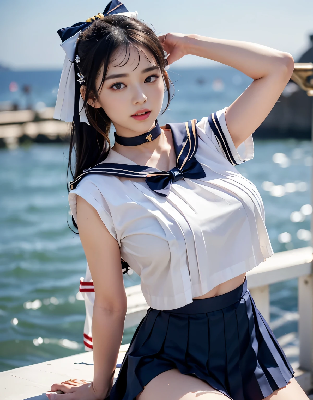 (((very heavy chest))),NSFW, 16k raw photos, highest quality, masterpiece, ultra high resolution, ((She is wearing Beautiful exposed redShe is wearing (a high school sailor uniform).
(navy sailor collar:1.4),(white shirt:1.4),(navy pleats skirt:1.4),(navy bow:1.4))).movie, 1 girl,((attractive expression)),eyes shine、 looking at the viewer, natural skin texture very heavy chest))),((( metal black ribbon around the neck))).star handle mold、((yellow eyes)),Realistic eye and face details, lip whole, lipstick makeup), fluffy ponytail hair, laughter, Beautiful feet, tall woman, ((glowing skin)),((Beautiful armpit)), slim_feet, huge breasts, cleavage, beautiful natural places, beautiful flower garden、(detailed background,highly exposed, huge breasts, blurred background,, JK ribbon on the neck, jk ribbon, golden hair, bracelet, water, bangs, split your lips、armpit、beautiful hip line、glowing skin、(((eyes shine brightly))),lotion skin、High leg、((black hair)),highly exposed、Skimpy pink luxury fur coat、beautiful sea background、wind effect、