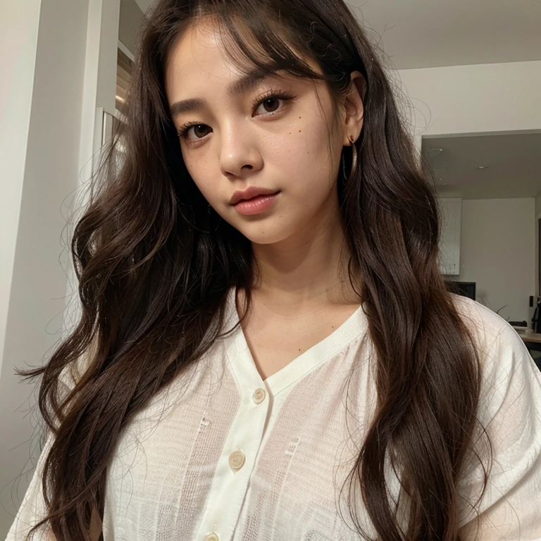 Jennie from black pink give her curly hair and a mole uber her eye