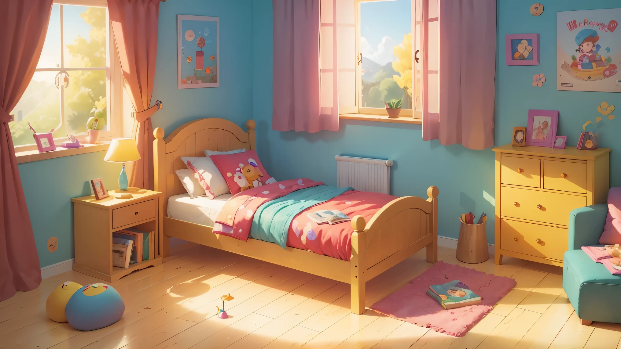 ((bright)), (rich bright colors), Cartoon children's room inside a wooden house with a bed and toys, a bright sunny day, bright curtains on a round window, children's bright posters on wooden walls, children's cabinets with books and toys, plush toys, cozy, detailed background artwork masterpiece, Mobile game background, scenery art detailed, Detailed game art, 8k