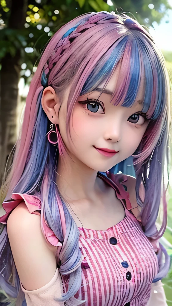 The arrival of autumn、small face、 (alone:1.5,)Super detailed,bright color, very beautiful detailed anime face and eyes, look straight,  shiny_skin,girl, (((rainbow color hair, colorful hair, Half blue、half pink hair: 1.2))), 、shiny hair, delicate beautiful face, blush、Glasses、(turquoise eyes), , Valletta, earrings,、sunset、forest road、((Sexy polka dot summer outfit、striped mini skirt,)))、（twin tails）、smile、happy face、face dyed red、color々pose、Full body portrait from head to toe、（I can see the whole body）