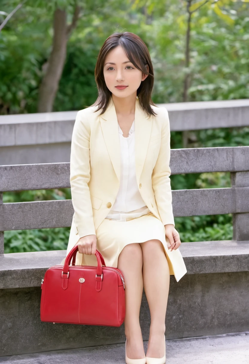 A woman in her fifties sitting on a bench holding a red handbag and a red purse, Ayaka, like々cool japanese girl, like々beautiful Japanese beauty, Chiho, Ayami, takada akemi, harumi, aoshima Chiho, Aya Takano color style, Aya Takano, Ayami koj ima, tsugumi ohba