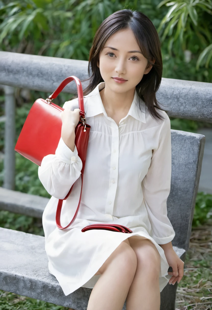 A woman in her fifties sitting on a bench holding a red handbag and a red purse, Ayaka, like々cool japanese girl, like々beautiful Japanese beauty, Chiho, Ayami, takada akemi, harumi, aoshima Chiho, Aya Takano color style, Aya Takano, Ayami koj ima, tsugumi ohba