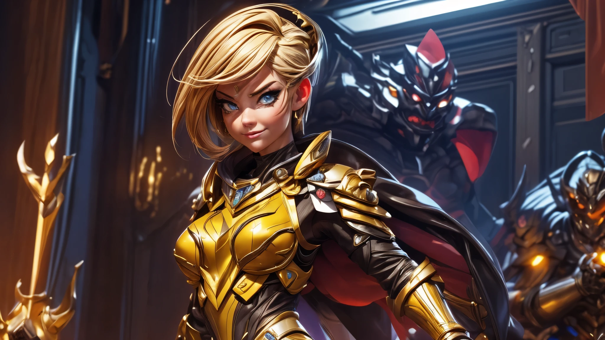 (best quality,4k,8k,highres,masterpiece:1.2),ultra-detailed, Alien Princess, with lightning powers and stylized golden electric armor, short blond hair, Female Commander Invading a city with her Ranger troops behind her, strutting her stuff, Smiling and laughing, Flirting with the viewer, HDR, 8k, absurdres, cinestill 800, sharp focus, add_detail:3 (solo woman) anime Villainess, wideshot, widescreen, focus on subject