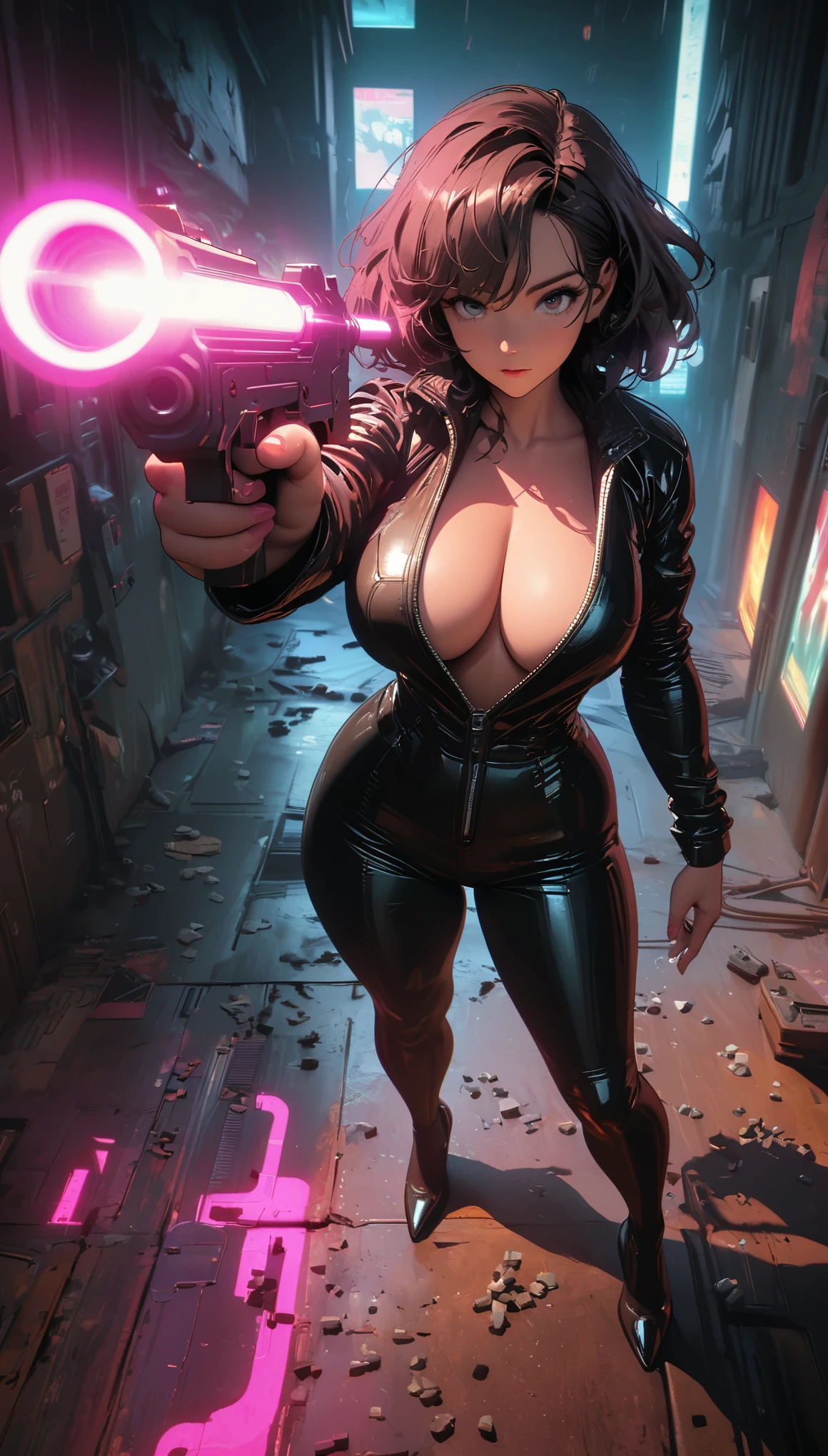 cyberpunk style,30-year-old mature and charming woman,Leather jumpsuit covers the whole body,full breasts,High-heeled leather shoes,Pointing a laser gun at me,open fire,(There are many small pieces of gravel floating around:1.5),Beautiful,Glowing special effects,celluloid style,Flat coating,HD,CG art,comics,8K,looking into camera,high quality,illustration,Vaporwave style,rim light,movie lighting,Super detailed,complex,OC renderer,cinematic perspective,high resolution