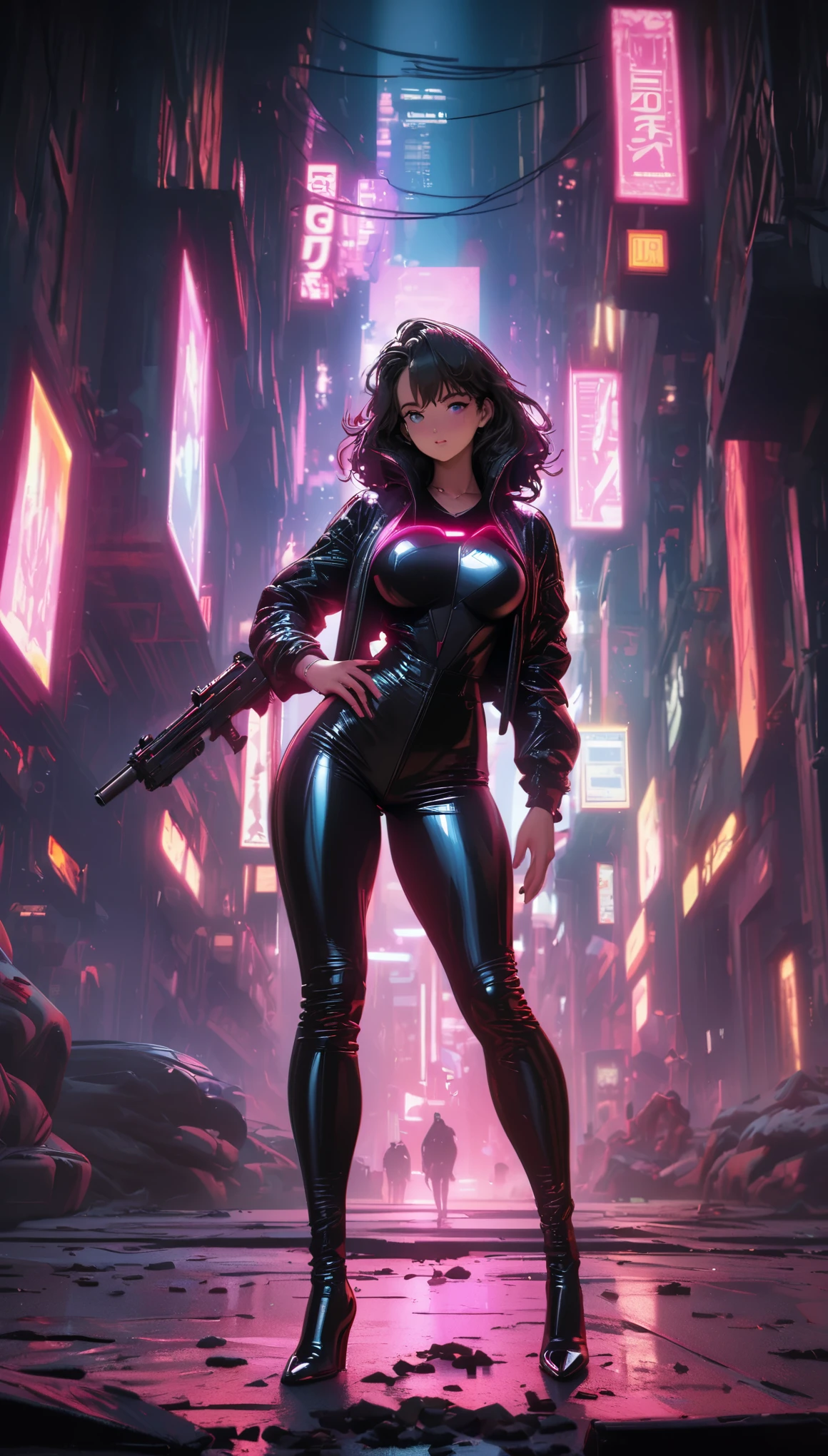 cyberpunk style,30-year-old mature and charming woman,Leather jumpsuit covers the whole body,full breasts,High-heeled leather shoes,Pointing a laser gun at me,open fire,(There are many small pieces of gravel floating around:1.5),Beautiful,Glowing special effects,celluloid style,Flat coating,HD,CG art,comics,8K,looking into camera,high quality,illustration,Vaporwave style,rim light,movie lighting,Super detailed,complex,OC renderer,cinematic perspective,high resolution
