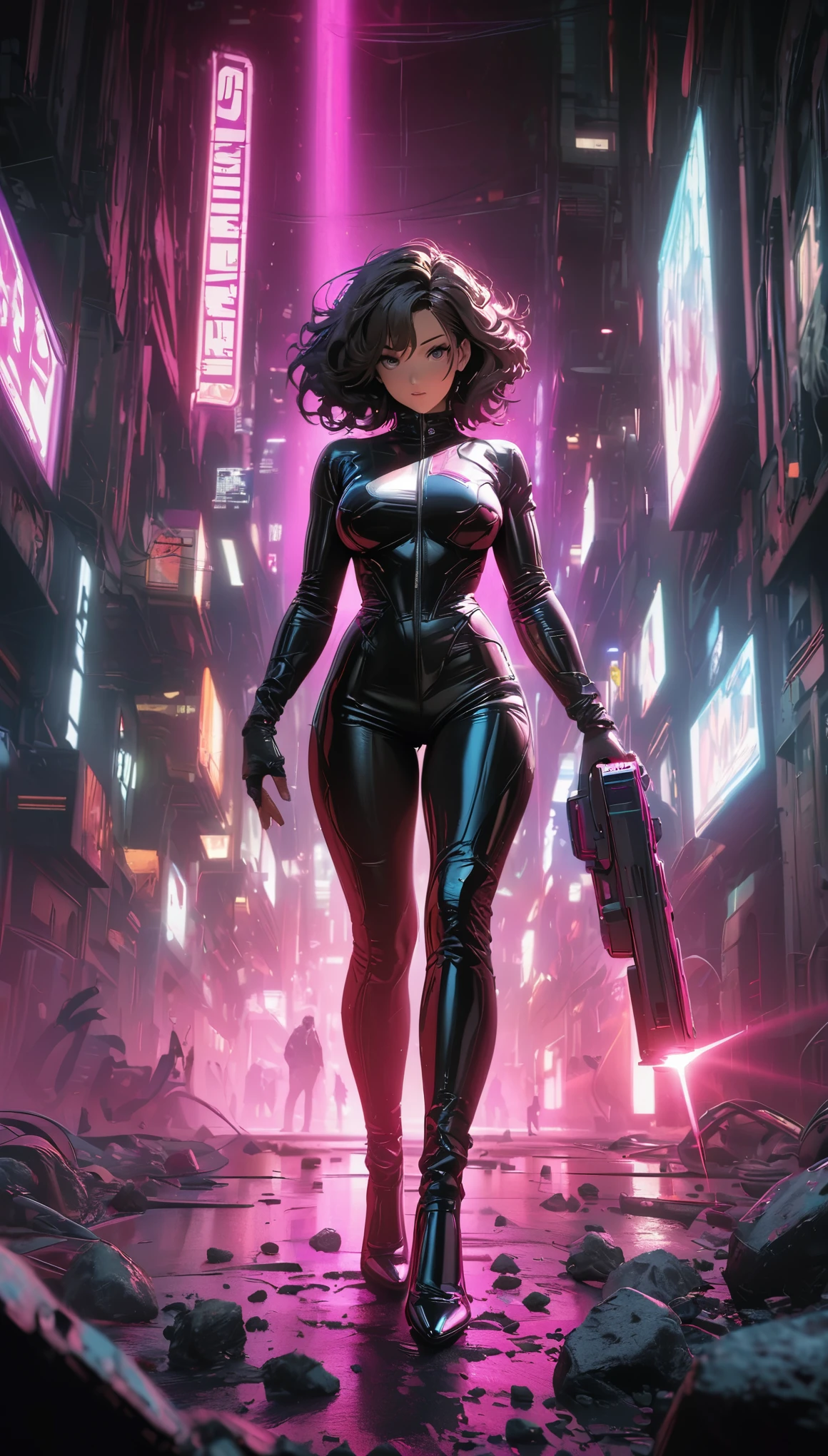 cyberpunk style,30-year-old mature and charming woman,Leather jumpsuit covers the whole body,full breasts,High-heeled leather shoes,Pointing a laser gun at me,open fire,(There are many small pieces of gravel floating around:1.5),Beautiful,Glowing special effects,celluloid style,Flat coating,HD,CG art,comics,8K,looking into camera,high quality,illustration,Vaporwave style,rim light,movie lighting,Super detailed,complex,OC renderer,cinematic perspective,high resolution
