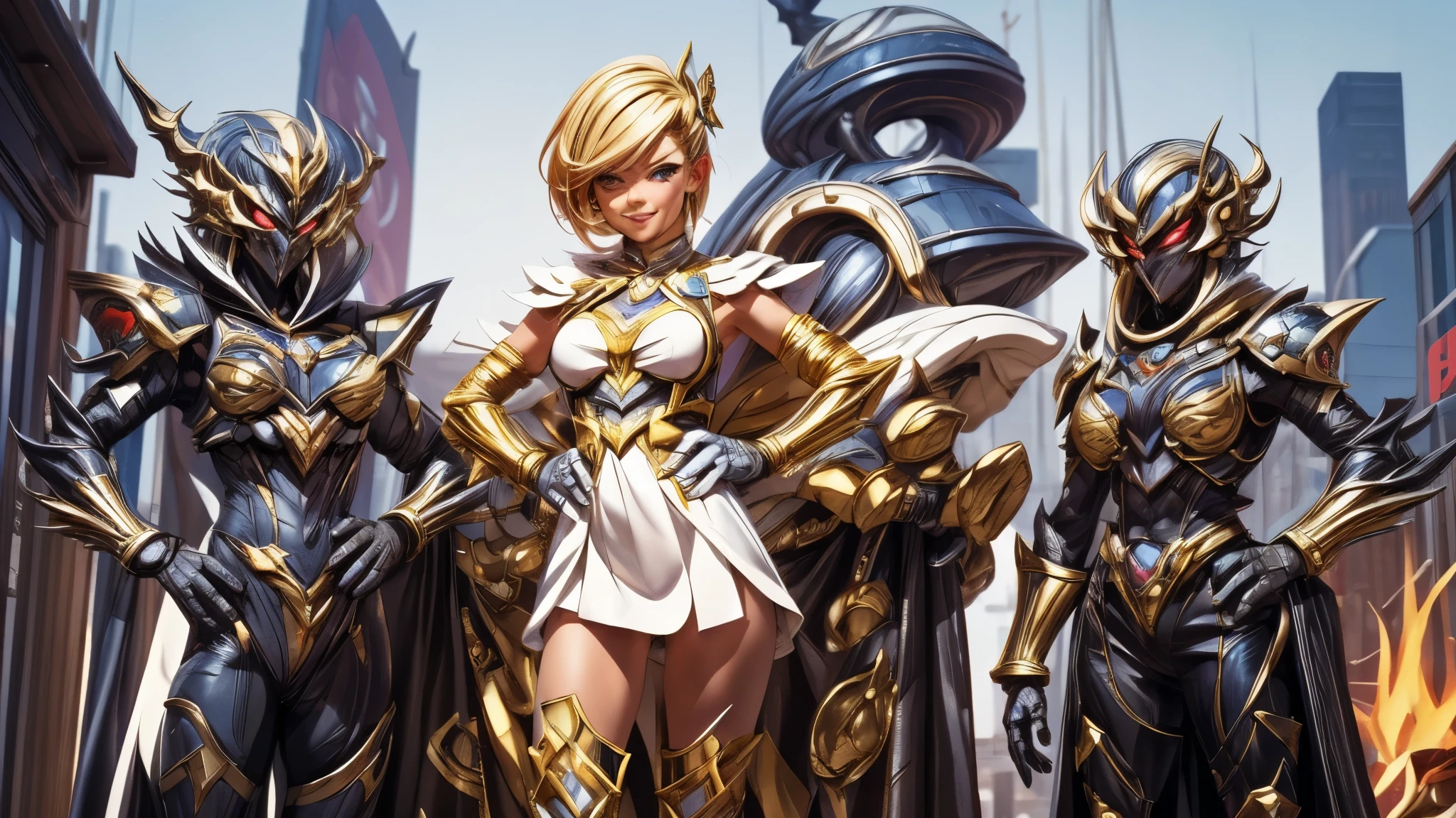 (best quality,4k,8k,highres,masterpiece:1.2),ultra-detailed, Alien Princess, with lightning powers and stylized golden electric armor, short blond hair, Female Commander Invading a city with her Ranger troops behind her, strutting her stuff, Smiling and laughing, Flirting with the viewer, HDR, 8k, absurdres, cinestill 800, sharp focus, add_detail:3 (solo woman) anime Villainess, wideshot, widescreen, focus on subject