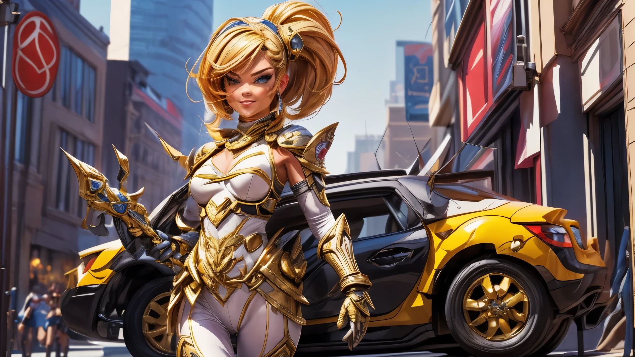 (best quality,4k,8k,highres,masterpiece:1.2),ultra-detailed, Alien Princess, with lightning powers and stylized golden electric armor, short blond hair, Female Commander Invading a city with her Ranger troops behind her, strutting her stuff, Smiling and laughing, Flirting with the viewer, HDR, 8k, absurdres, cinestill 800, sharp focus, add_detail:3 (solo woman) anime Villainess, wideshot, widescreen, focus on subject