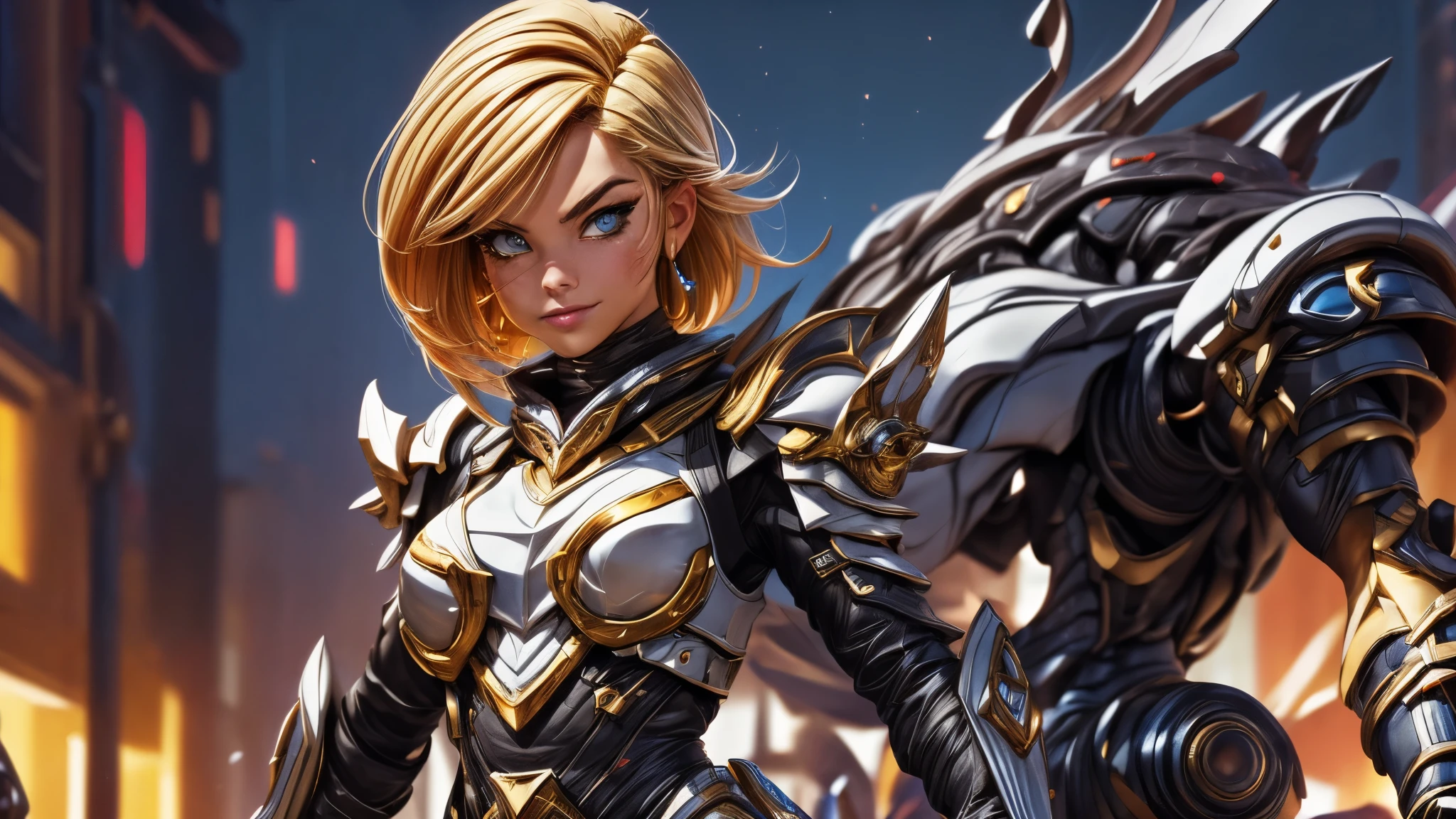 (best quality,4k,8k,highres,masterpiece:1.2),ultra-detailed, Alien Princess, with lightning powers and stylized golden electric armor, short blond hair, Female Commander Invading a city with her Ranger troops behind her, strutting her stuff, Smiling and laughing, Flirting with the viewer, HDR, 8k, absurdres, cinestill 800, sharp focus, add_detail:3 (solo woman) anime Villainess, wideshot, widescreen, focus on subject