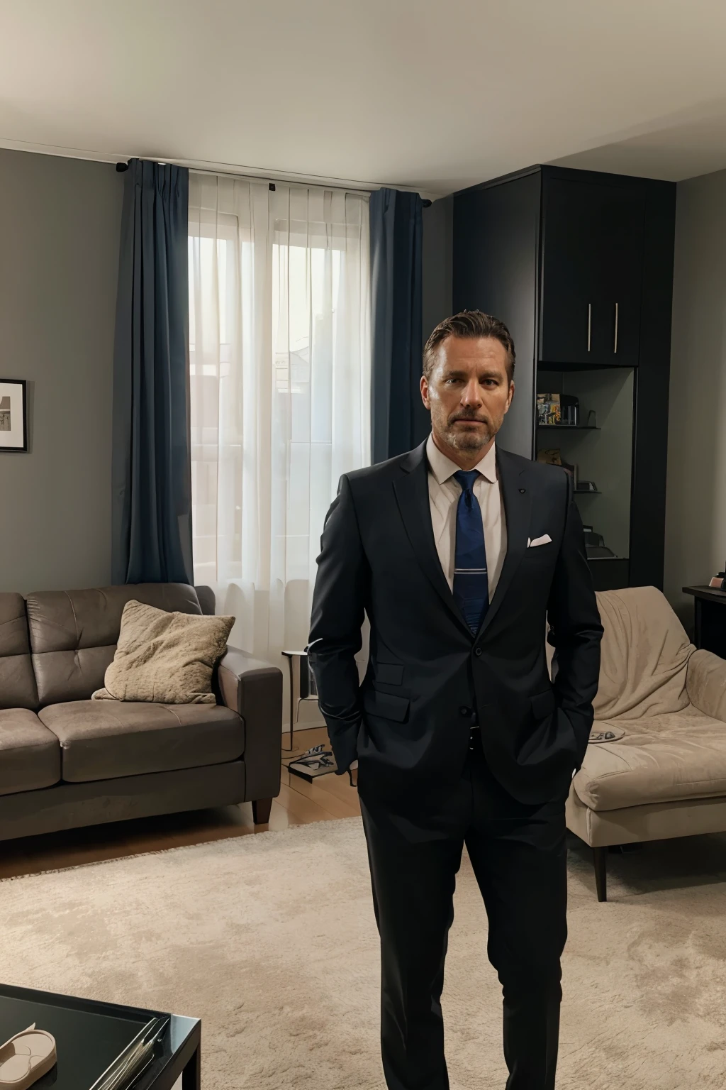 Photo-realistic of 40 years old American man in the modern living room, wearing suit, looking camera, 4K