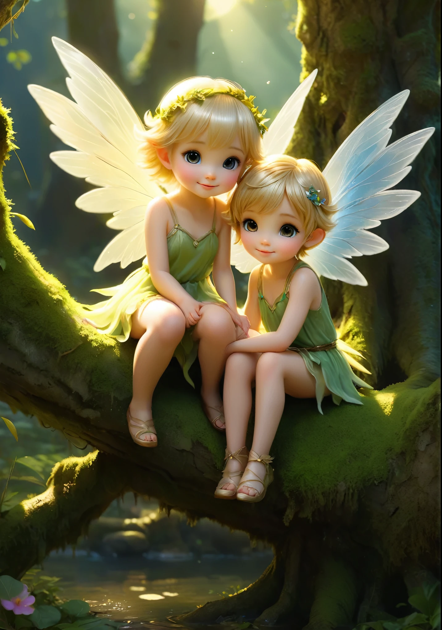 Cute Fairy、３Human little fairy、Sitting on a thick, mossy tree branch、You can see a girl and a boy、I have angel wings and I can fly、short golden hair and cute round eyes、slight smile、perfect lighting、high detail、High level image quality、High color rendering、High resolution、surreal、photo-realistic